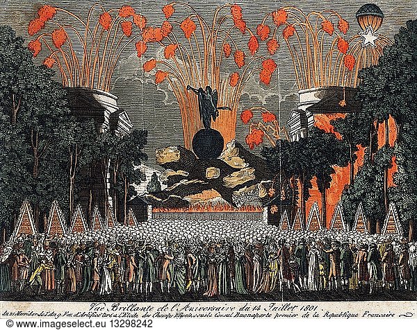 Hand-coloured etching depicting a crowd viewing fireworks on Bastille Day celebration in Paris