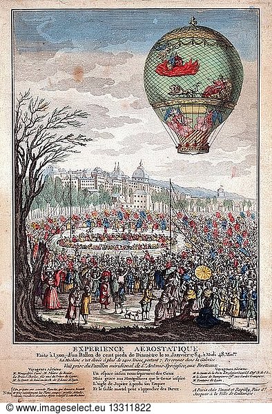 Hand-Coloured etching of the balloon  'Le Flesselles' ascending over Lyon  France