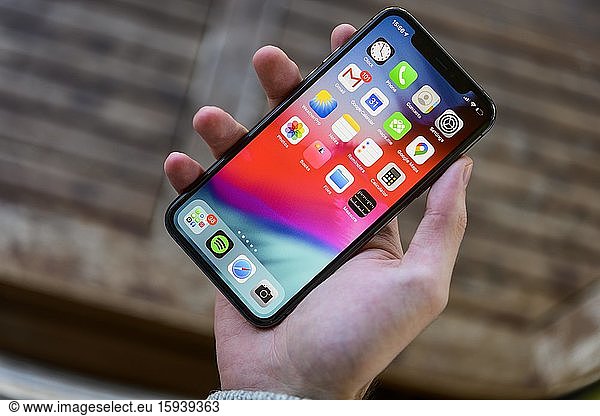 Hand holding iPhone 11  Home screen  Home screen with different app icons on the display  Apps  iOS  Smartphone  Germany  Europe