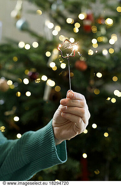 Hand of woman holding star shape sparkle at home