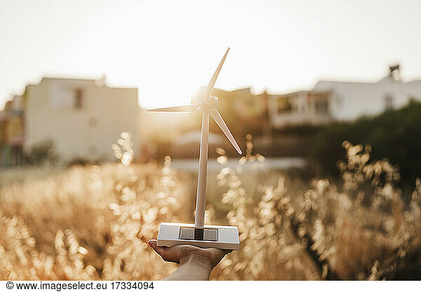 Hand of woman holding wind turbine model in sunlight
