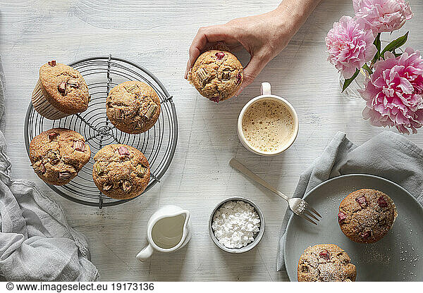 Hand of woman picking up rhubarb muffin