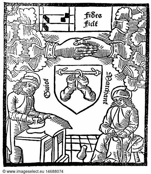 handcraft  guilds  guild sign of the shoemakers  woodcut  Faustus Andrelinus  Paris  1494