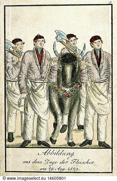 handcraft  guilds  processions  Munich  29.8.1829  procession of the butchers  coloured etching  circa 1830  Bavarian National Museum  Munich  professions  butcher  people  bull  19th century  Bavaria  historic  historical