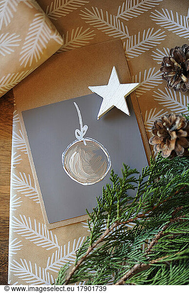 Handmade Christmas card with drawing of Christmas ornament