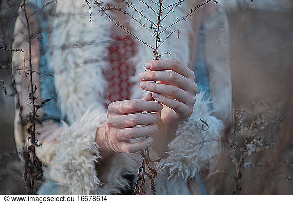 Hands holding dry faded grass stem. Beautiful female hands  autu