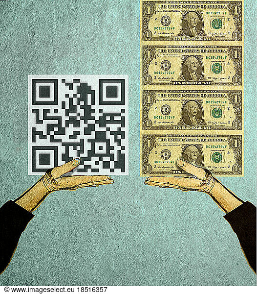 Hands holding QR code and stack of Dollars
