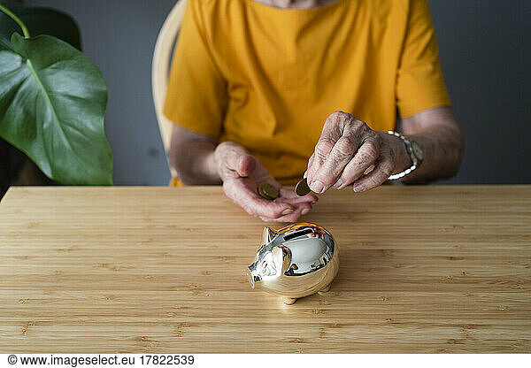 Hands of senior woman putting coins in piggy bank