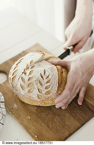Hands of woman cutting loaf of bread on board