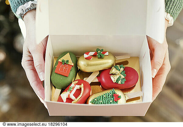 Hands of woman holding box of Christmas sweet