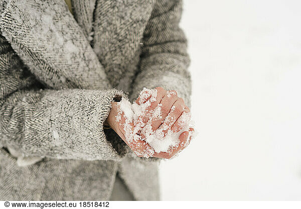 Hands of woman making snowball in winter
