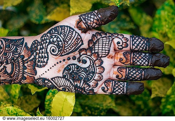 Hands of woman with detailed henna design art.