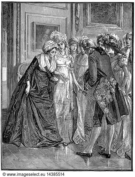 Hannah More (1745-1833) English religious writer and playwright  and member of the Blue Stocking circle of intelligent educated women  being introduced to Society by the Duchess of Gloucester. Wood engraving.