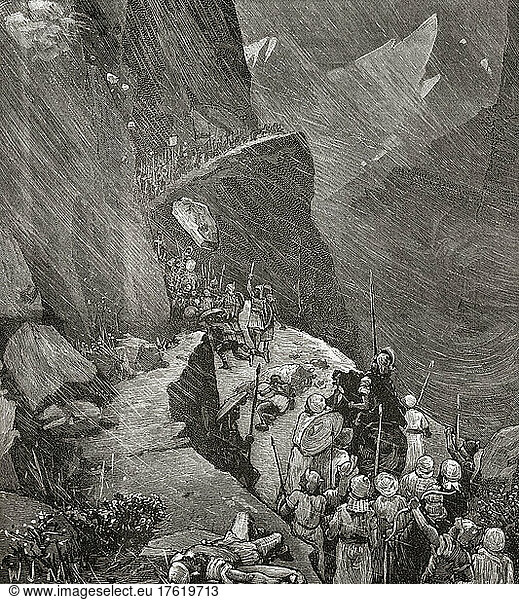 Hannibal führt seine karthagische Armee über die Alpen und nach Italien  218 v. Chr. während des Zweiten Punischen Krieges. Aus Cassell's Illustrated Universal History  veröffentlicht 1883.