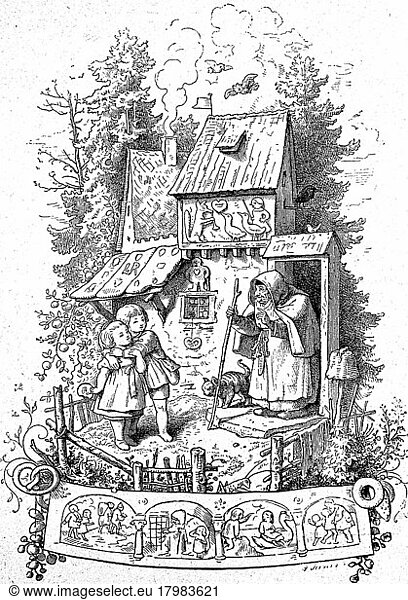 Hansel and Gretel standing in front of the witch's crunchy house  Fairy tale  Historical  digitally restored reproduction of an 18th century original  exact original date not known
