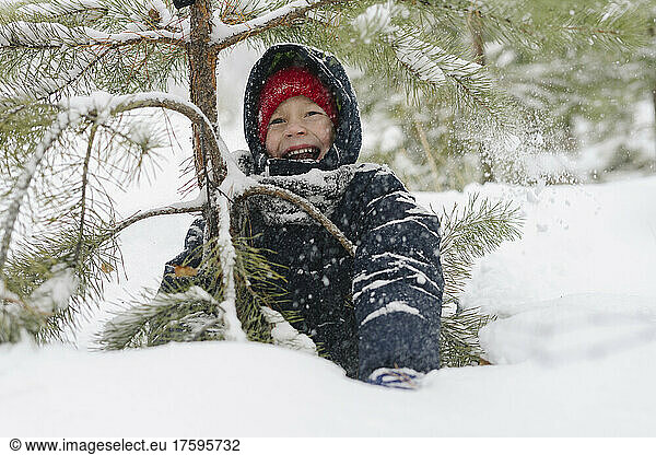 Happy boy enjoying by fir tree in snowy forest