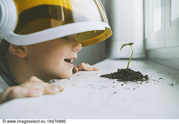 Happy boy wearing space helmet looking at plant on window