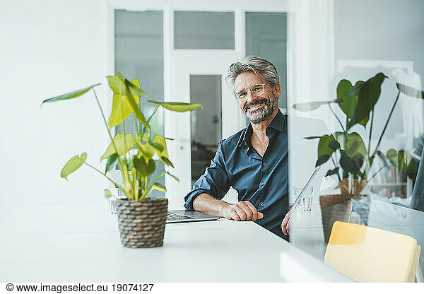 Happy businessman sitting at desk on office