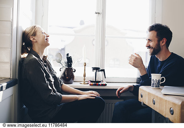 Happy couple sitting in kitchen against window at home