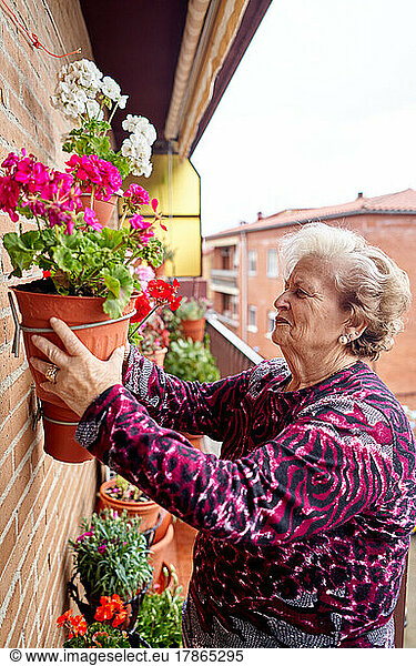 Happy elderly woman is planting a hobby after retiring in a home.