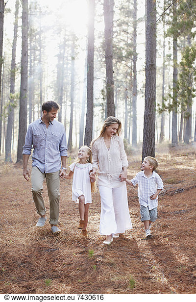 Happy family holding hands and walking in sunny woods