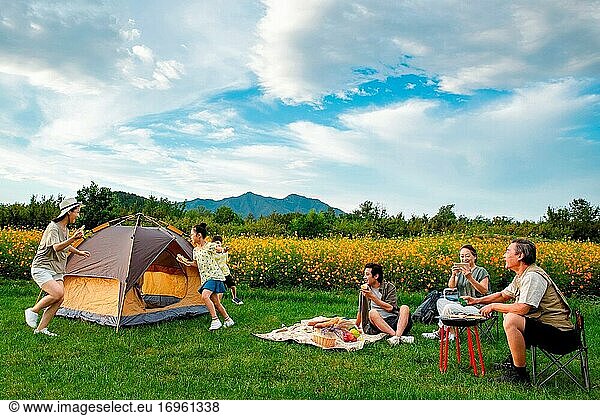 Happy family in the suburbs have a picnic