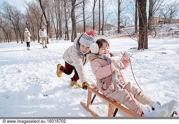 Happy family sledding in the snow