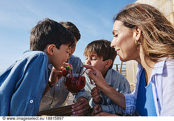 Happy family together drinking juice on sunny day