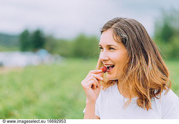 Happy farmer tasting red ripe strawberry at u-pick farm in washington