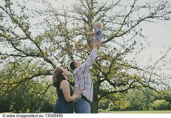 Happy father throwing baby boy in air