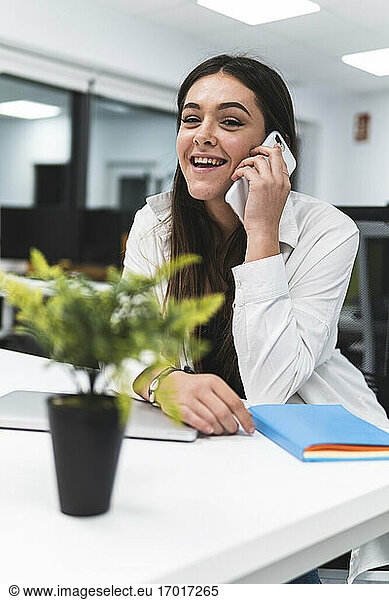 Happy female professional talking on smart phone at desk in office