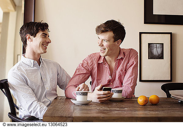 Happy gay couple sitting by table at home