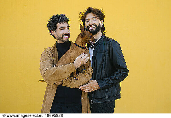 Happy gay men with dog standing against yellow background