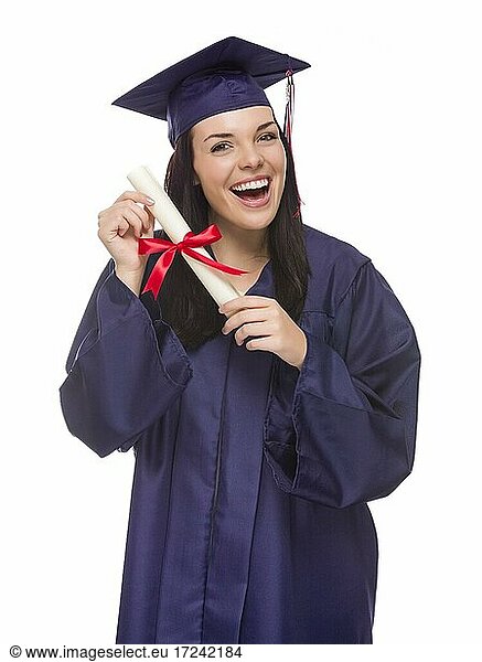 Happy graduating mixed-race female wearing cap and gown with her diploma isolated on a white background