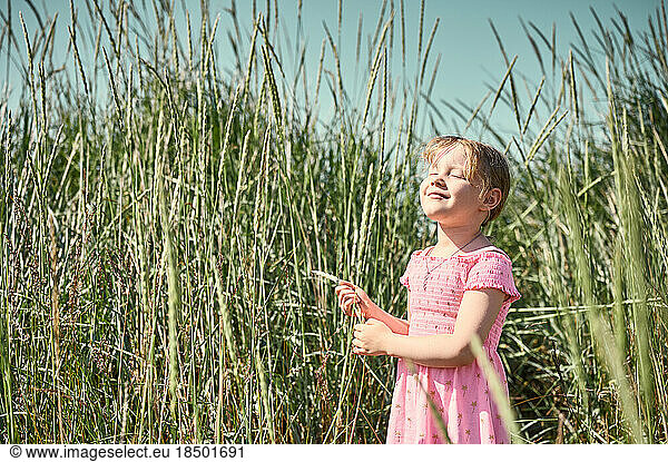 Happy little girl enjoying sun in grass