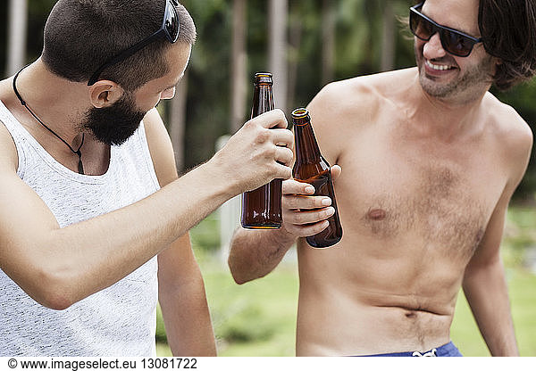 Happy male friends toasting beer bottles