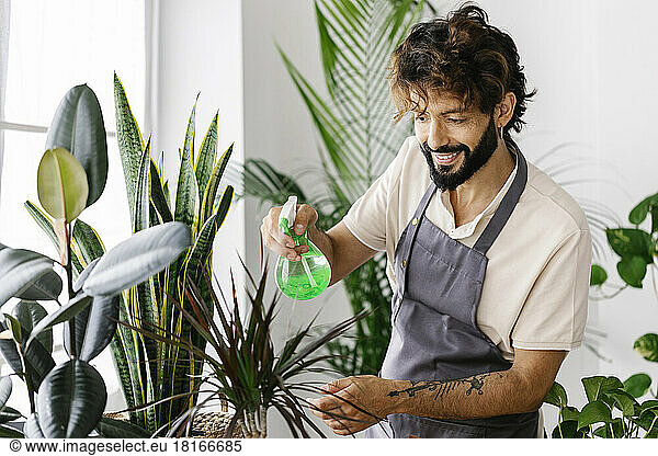 Happy man spraying water on plant at shop