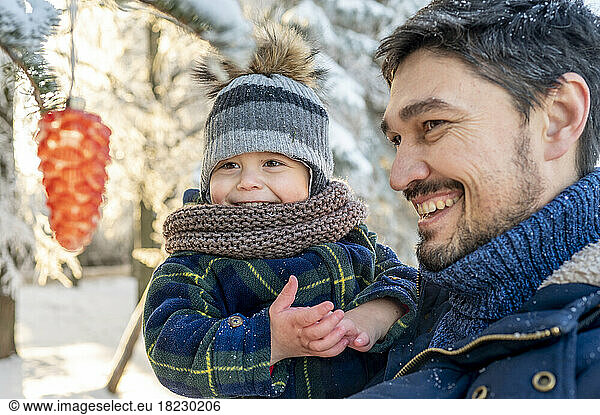 Happy man with son looking at pine cone hanging on branch of Christmas tree