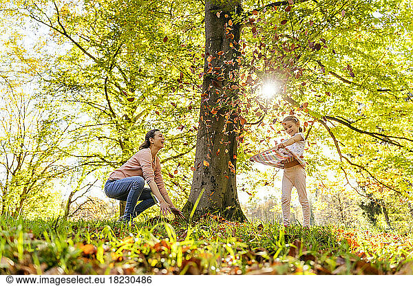 Happy mother and daughter playing with autumn leaves under tree