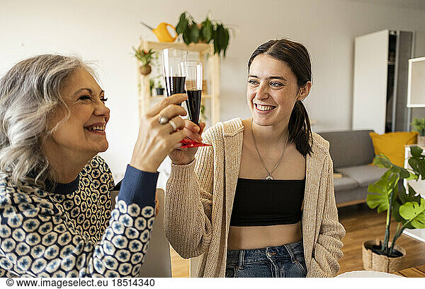 Happy mother and daughter toasting wineglasses at home