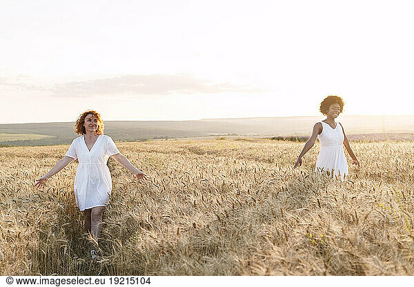 Happy multiracial friends walking in wheat field