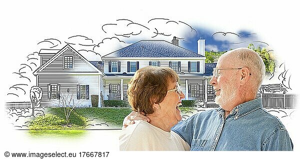 Happy senior couple over house drawing and photo combination on white