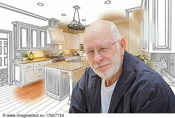 Happy senior man over custom kitchen design drawing and photo