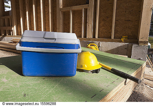Hardhat and ice chest for carpenters