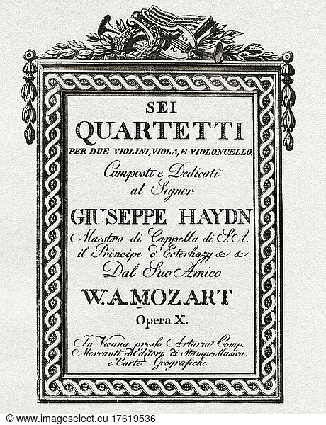 Haydn-Quartette (Op10). Umschlag der Partitur von Mozarts Haydn -Quartetten (6 Haydn gewidmete Quartette). Wolfgang Amadeus Mozart  1756-1791. Österreichischer Komponist. Aus The Golden Age of Vienna  veröffentlicht 1948.