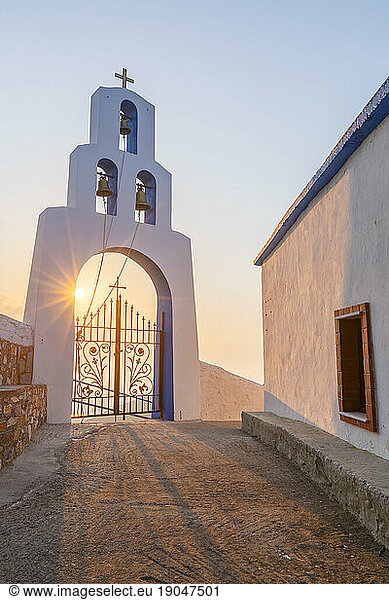Hazy morning at Panagia church on Fourni island in Greece.