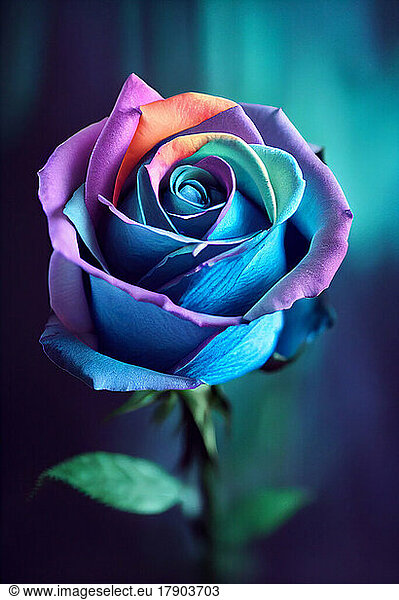 Head of blue and pink blooming rose