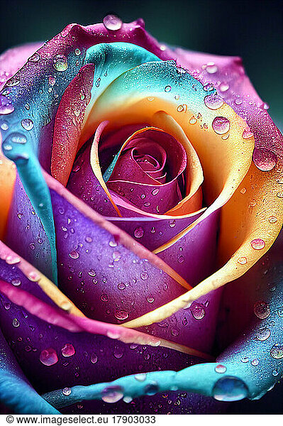 Head of blue and pink rose covered in raindrops