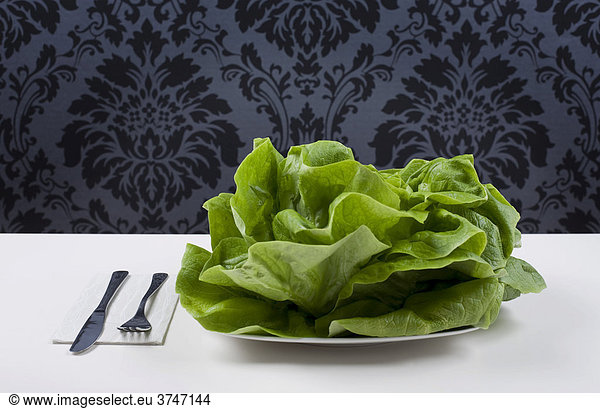 Head of lettuce on a plate  cutlery beside it