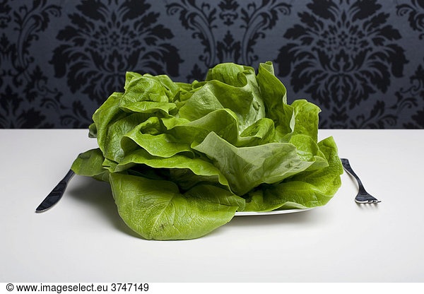 Head of lettuce on a plate  cutlery beside it